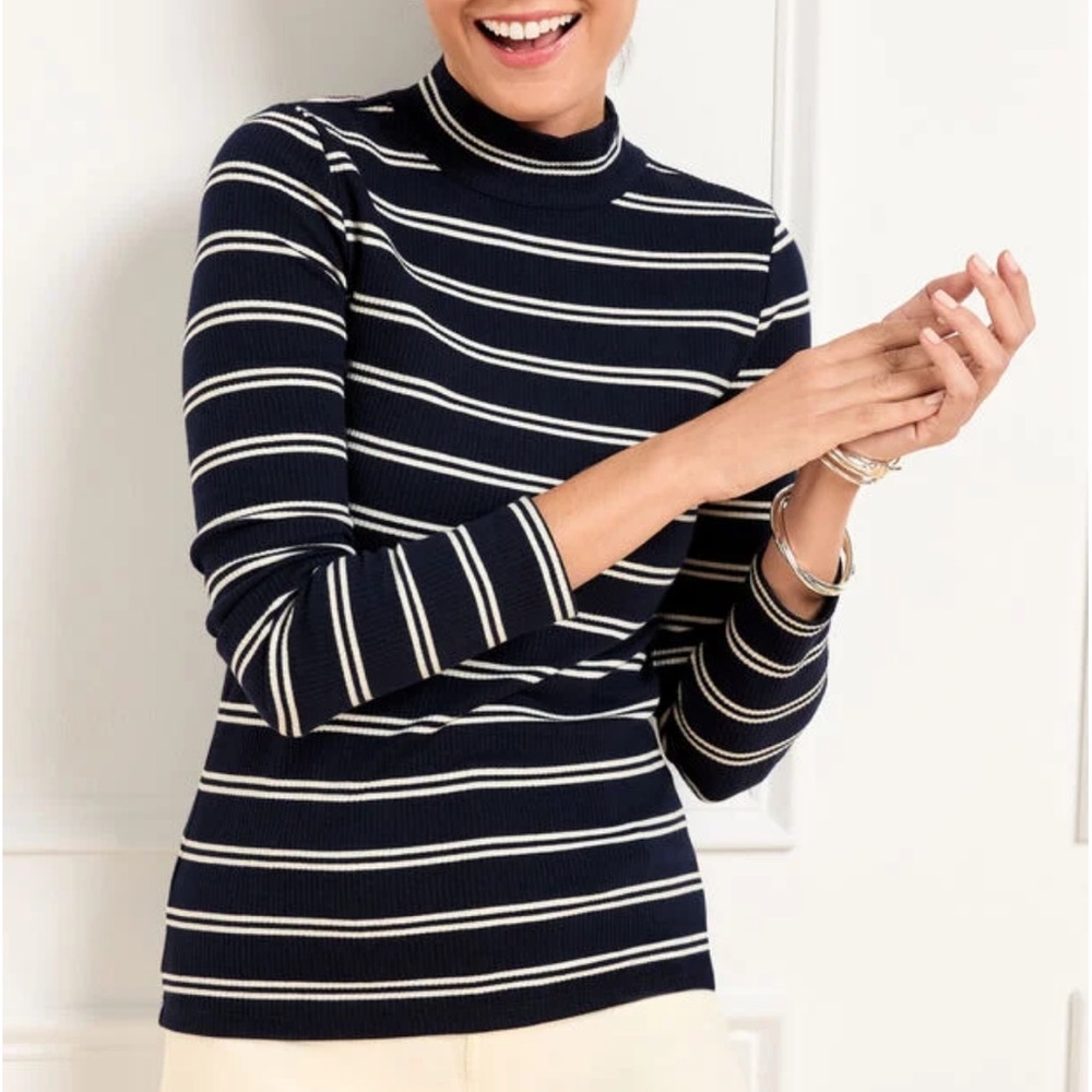 TALBOTS RIBBED MOCKNECK TEE EMILIA STRIPE INDIGO IVORY SIZE LARGE